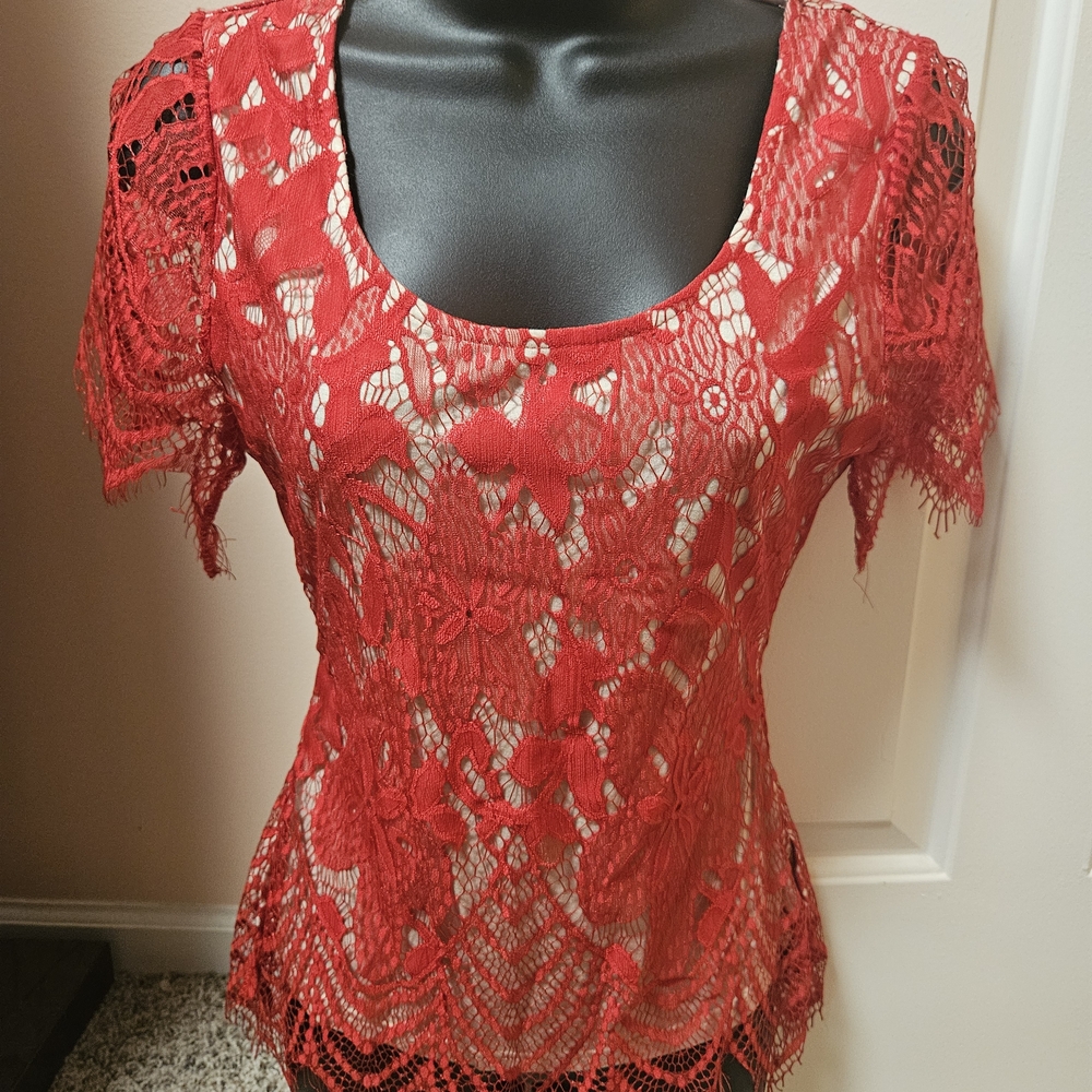 BKE Red Lace Overlay Blouse With Cut Out Back